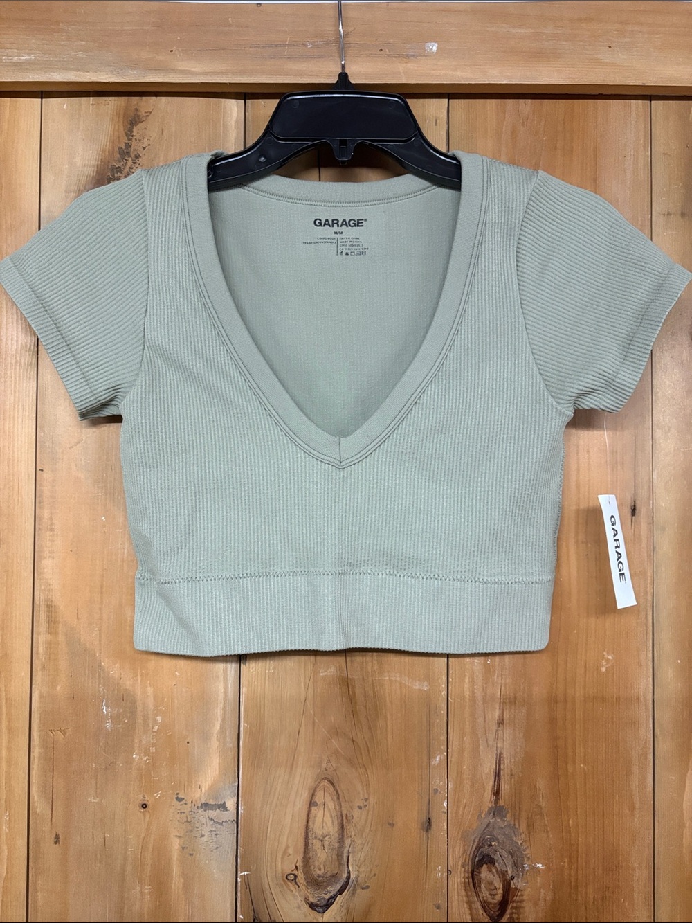 Garage Sage Green Ribbed V-Neck Crop Tee